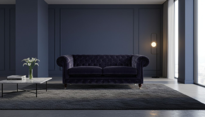 Donkerblauwe Chesterfield tweezitter woonkamer elegant stoffen bank couch