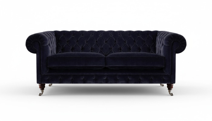 Donkerblauwe Chesterfield tweezitter woonkamer elegant stoffen bank couch