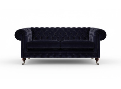 Donkerblauwe Chesterfield tweezitter woonkamer elegant stoffen bank couch