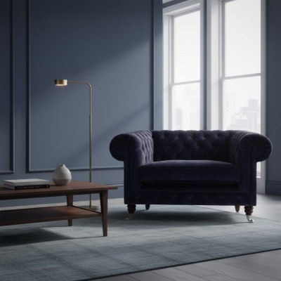 Donkerblauwe Chesterfield fauteuil woonkamer designer eenzitter zitmeubel
