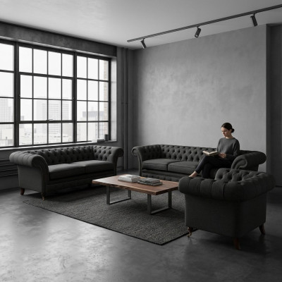 Zwarte Chesterfield bankstel ontwerp tweezits- en vierzitsbank.