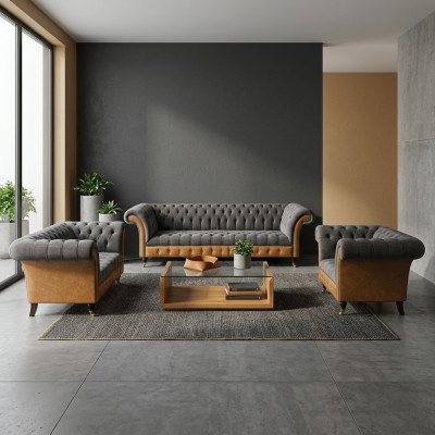Grijs-Bruine Chesterfield Zithoek Bekledingsbanken Textiel Banken 3-delig