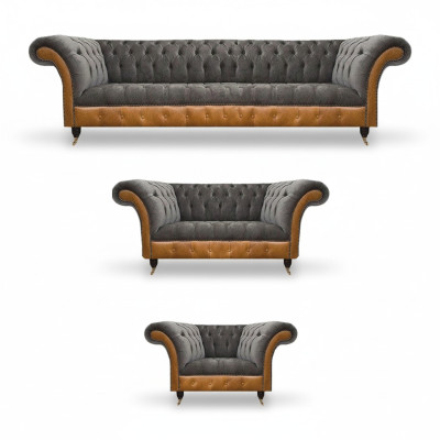 Grijs-Bruine Chesterfield Zithoek Bekledingsbanken Textiel Banken 3-delig