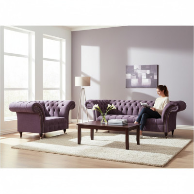 Chesterfield Lila Woonkamer Bankstel Elegante 3-Zits Textiel Fauteuil
