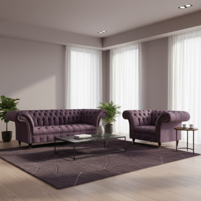 Chesterfield Lila Woonkamer Bankstel Elegante 3-Zits Textiel Fauteuil