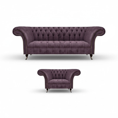 Chesterfield Lila Woonkamer Bankstel Elegante 3-Zits Textiel Fauteuil