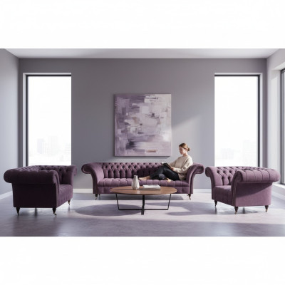 Chesterfield Lila Textielbanken Designer Beklede Banken 3-delige Set