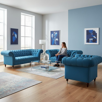 Chesterfield Lichtblauwe Designer Zitmeubels Elegante 3-Zits Tweezits 3-delig.