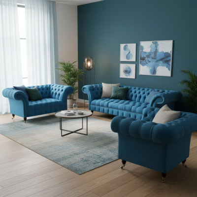 Chesterfield Lichtblauwe Designer Zitmeubels Elegante 3-Zits Tweezits 3-delig.