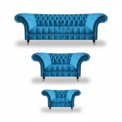 Chesterfield Lichtblauwe Designer Zitmeubels Elegante 3-Zits Tweezits 3-delig.