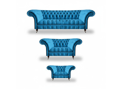 Chesterfield Lichtblauwe Designer Zitmeubels Elegante 3-Zits Tweezits 3-delig.
