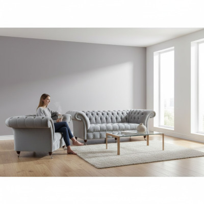 Chesterfield lichtgrijze stoffering Designer 2x stoffen bank 2-delig