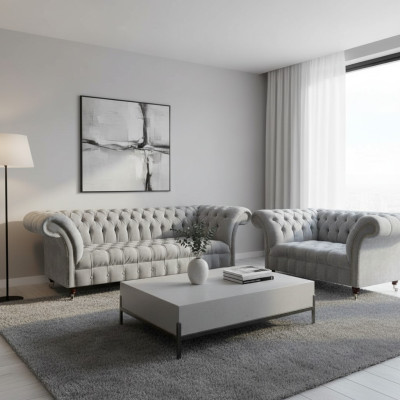 Chesterfield lichtgrijze stoffering Designer 2x stoffen bank 2-delig
