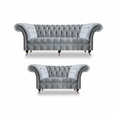 Chesterfield lichtgrijze stoffering Designer 2x stoffen bank 2-delig