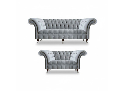 Chesterfield lichtgrijze stoffering Designer 2x stoffen bank 2-delig