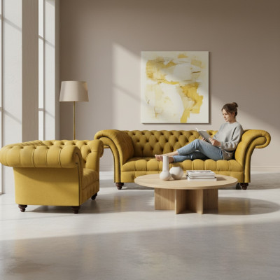 Designer woonkamer modern geel bankstel set 2x banken Chesterfield