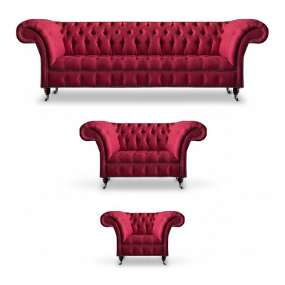 Woonkamer Roze Chesterfield Beklede Zitgroep Luxe 3-delige Set