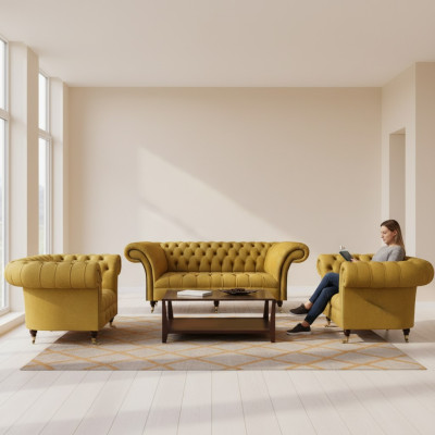 Chesterfield Gele Zitgroep Designer Driezitsbank Elegante Fauteuils 3-delig