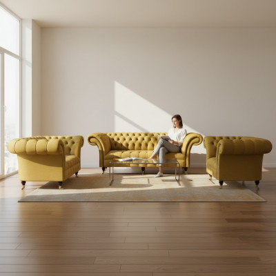 Edele Gele Chesterfield Meubelbekleding Textiel Banken 3-delige Set.