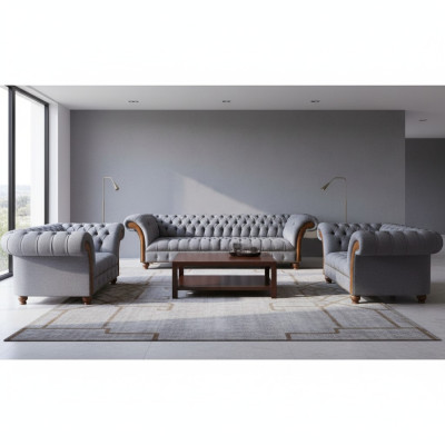 Chesterfield lichtgrijze gestoffeerde bankstel textiel designer 3-delige set