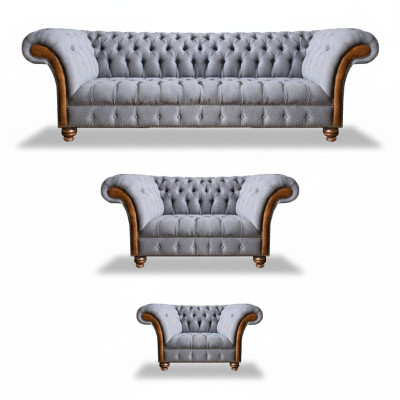 Chesterfield lichtgrijze gestoffeerde bankstel textiel designer 3-delige set