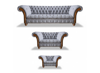 Chesterfield lichtgrijze gestoffeerde bankstel textiel designer 3-delige set