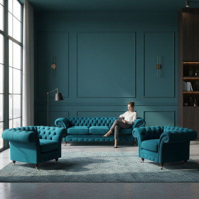 Chesterfield Blauwe Banken Stoffen Sofa's Woonkamer Textiele Zitmeubels 3-delig