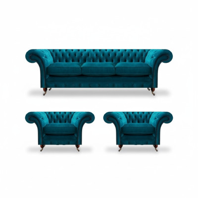 Chesterfield Blauwe Banken Stoffen Sofa's Woonkamer Textiele Zitmeubels 3-delig