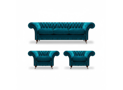 Chesterfield Blauwe Banken Stoffen Sofa's Woonkamer Textiele Zitmeubels 3-delig