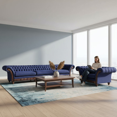 Blauwe Chesterfield gestoffeerde design 3-zitsbank met stoffen fauteuils, 2-delig.
