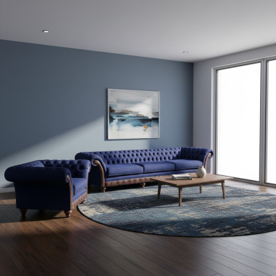 Blauwe Chesterfield gestoffeerde design 3-zitsbank met stoffen fauteuils, 2-delig.