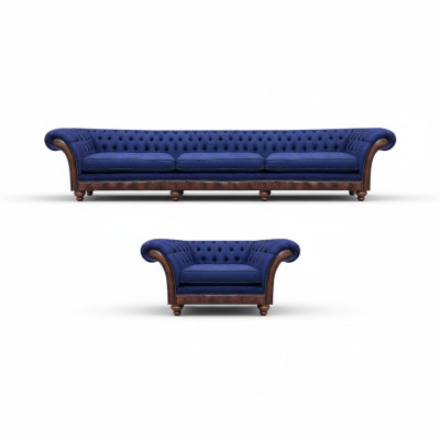 Blauwe Chesterfield gestoffeerde design 3-zitsbank met stoffen fauteuils, 2-delig.