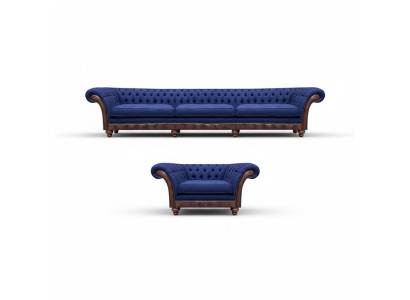 Blauwe Chesterfield gestoffeerde design 3-zitsbank met stoffen fauteuils, 2-delig.