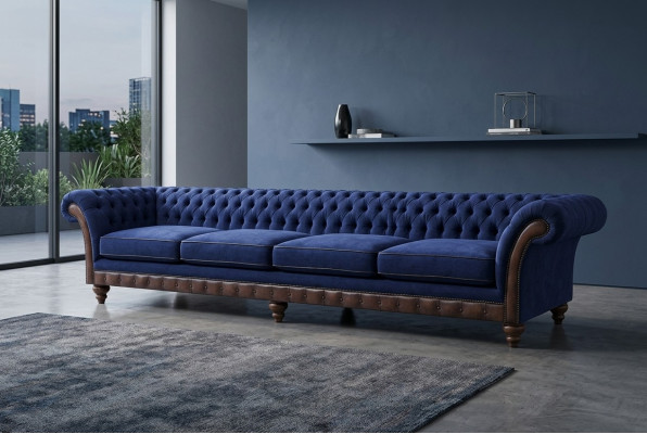 Blauwe Chesterfield Woonkamer Vierzitter Sofa Exclusieve Zitmeubelen