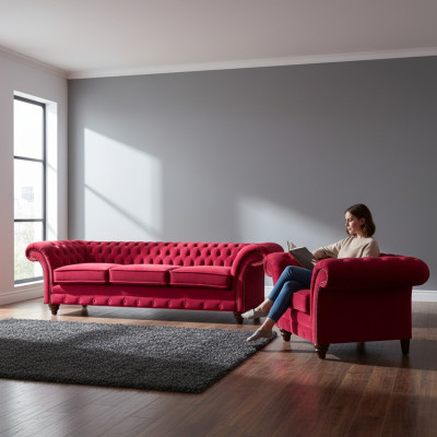 Chesterfield Rode Bankstel Elegante Textielfauteuil Driezitsbank