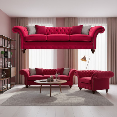 Chesterfield Rode Bankstel Elegante Textielfauteuil Driezitsbank