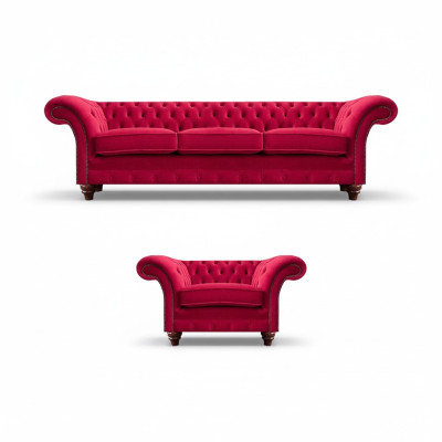 Chesterfield Rode Bankstel Elegante Textielfauteuil Driezitsbank