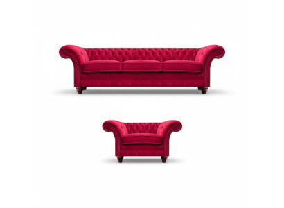 Chesterfield Rode Bankstel Elegante Textielfauteuil Driezitsbank