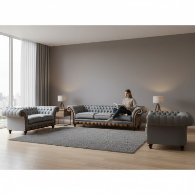 Chesterfield lichtgrijze gestoffeerde meubels woonkamer bankstel elegant set