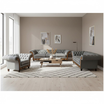 Chesterfield lichtgrijze gestoffeerde meubels woonkamer bankstel elegant set
