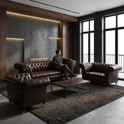 Bruine Chesterfield lederen sofa's designer drie- en viersitzer fauteuils