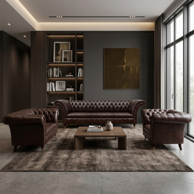 Bruine Chesterfield lederen sofa's designer drie- en viersitzer fauteuils