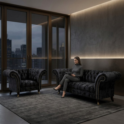 Chesterfield zwarte gestoffeerde meubelen designer woonkamer bank stoel 2-delig.