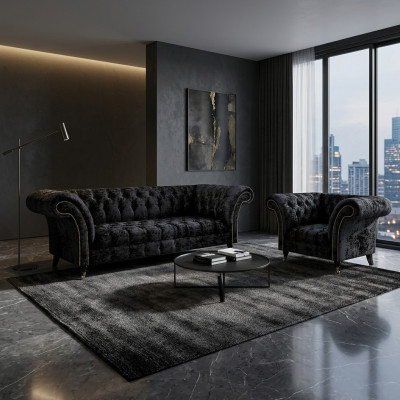 Chesterfield zwarte gestoffeerde meubelen designer woonkamer bank stoel 2-delig.