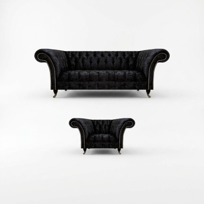 Chesterfield zwarte gestoffeerde meubelen designer woonkamer bank stoel 2-delig.