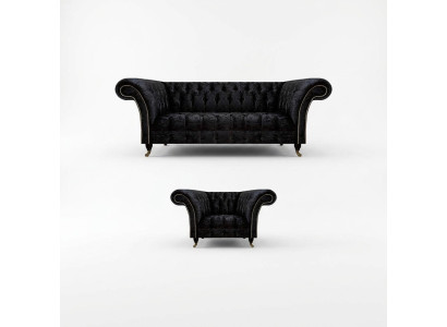 Chesterfield zwarte gestoffeerde meubelen designer woonkamer bank stoel 2-delig.