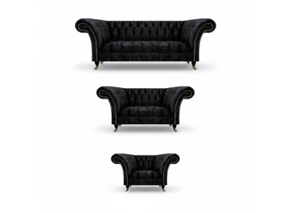 Zwart textiel Chesterfield garnituur luxe driezits leunstoel 3-delig