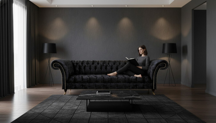 Chesterfield Moderne Zwarte Vierzitter Elegante Gestoffeerde Meubels 4-Zitter
