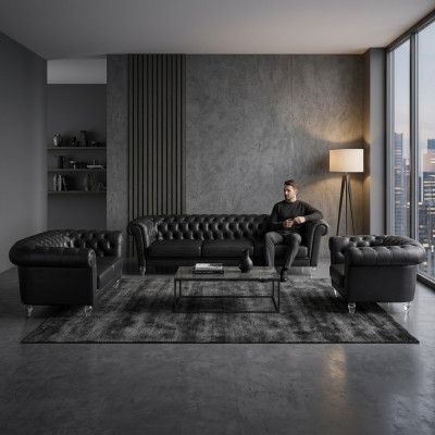 Zwarte Chesterfield lederen set designer 4-zits tweezits fauteuil.