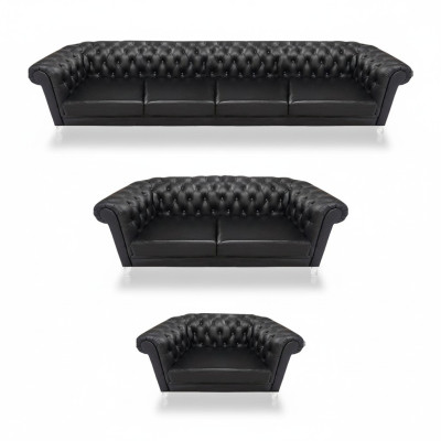 Zwarte Chesterfield lederen set designer 4-zits tweezits fauteuil.